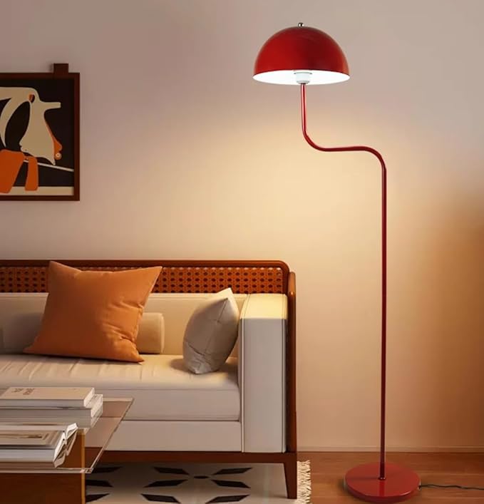 Unique Floor Lamp Metal Dome Shade Modern Floor Light Mush-Room Cute Standing Floor Lamp Tall Red Lamp with Foot Switch and Iron Shade