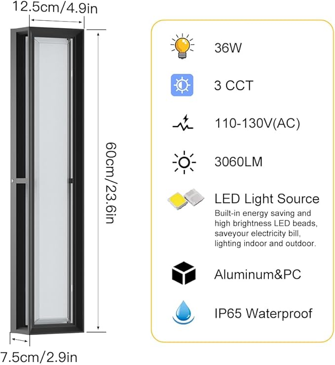Large Outdoor Wall Lights,10%-100% Dimming LED Wall Sconce Light,3000k 4500K 6000k,23.6in LED Exterior Light Fixture,IP65 Matt Black Fixture for Commercial and Residential(2Pack)