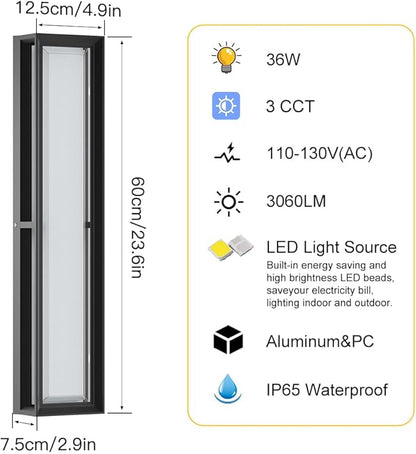 Large Outdoor Wall Lights,10%-100% Dimming LED Wall Sconce Light,3000k 4500K 6000k,23.6in LED Exterior Light Fixture,IP65 Matt Black Fixture for Commercial and Residential(2Pack)