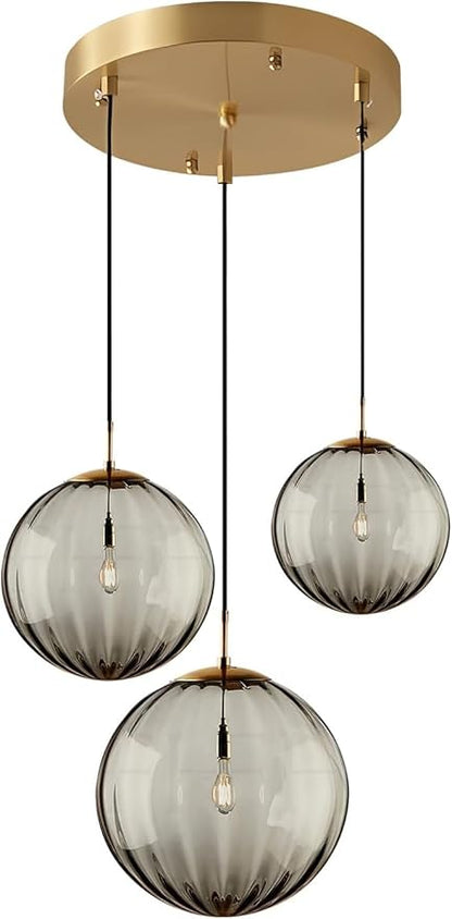 KCO Lighting Modern Gold 3 Light Hanging Pendant Light Large Smoke Glass Globe Cluster Chandelier Brush Brass Kitchen Island Light Fixture Nordic Multi Light Pendant Lighting