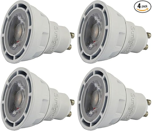 SunLight2® Premium Edition | GU10 LED Bulb 7W | 120V AC | 3000K to 1800K Dim to Warm | CRI 97+ | 60° Wide Beam MR16 Spotlight | White Finish | 4 Pack | Energy Efficient Flicker Free