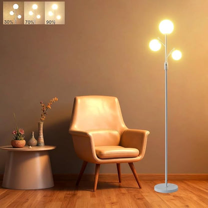 Fiqevs Dimmable White 3 Globe Floor Lamp with Frosted Glass Orb Shades and Bulbs Included, Elegant Mid Century Modern Standing Lamps, Tall Pole Light for Living Room Bedroom Office