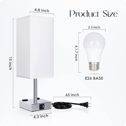 Bedside Lamp with USB Ports - Touch Control Table Lamp for Bedroom with USB C+A Charging Ports & AC Outlets, 3 Way Dimmable Nightstand Light for Living Room (LED Bulb Included, Chrome - White)