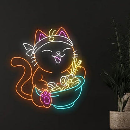 Cat Eating Ramen Neon Sign, Cat Ramen Led Sign Decor, Japanese Ramen Restaurant Wall Decor, Ramen Noodles Store LED Light Sign Wall Art Size:23inches