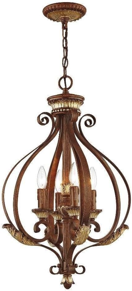 Livex Lighting 8556-63 Villa Verona 4 Light Verona Bronze Finish Foyer Chandelier with Aged Gold Leaf Accents and Rustic Art Glass