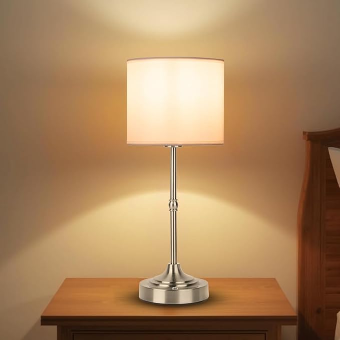 Rechargeable Table Lamp, Cordless Touch Lamps, Portable Desk Light with Stepless Dimmable Brightness & Fabric Shade for Nightstand Bedside Living Room (Silver, Straight)