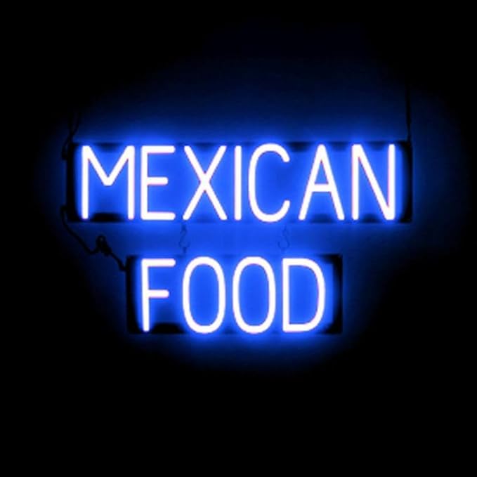 SpellBrite MEXICAN FOOD Sign | Mexican Food-Related Sign with Neon Look, Blue LED Light Source | 26.9" x 15.0"