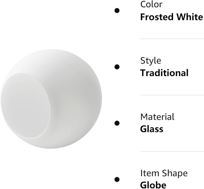 3 Pack Fixture Replacement Globe Shade, 6 Inch Diameter, E26 Base 1-5/8 Inch Fitter, Glass Globe Lampshade Cover for Pendant Wall Sconce Chandelier Vanity Light (3 Pack 6 Inch White Frosted Glass)