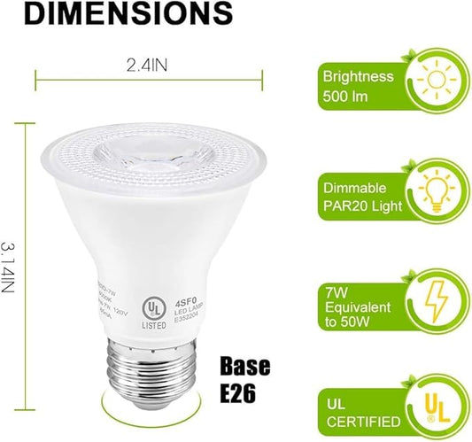 7W Par20 LED Bulb (50W Equivalent), UL Listed, 5000k Daylight White Dimmable Flood Bulbs Lights, 500 Lumens, E26 Base, Recessed Lighting for Indoor Outdoor, 12 Pack