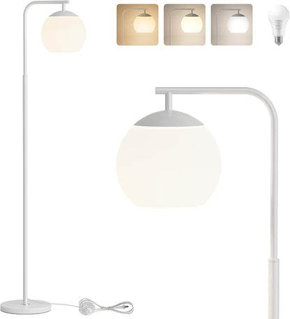Modern Floor Lamps with Globe Shade, 3 Color Temperatures, Foot Switch, Mid Century Standing Lamp Tall for Bedroom, Living Room, Office, White