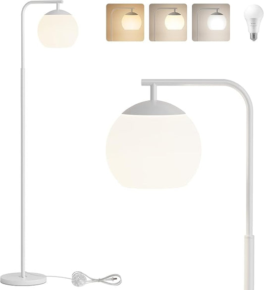 Modern Floor Lamps with Globe Shade, 3 Color Temperatures, Foot Switch, Mid Century Standing Lamp Tall for Bedroom, Living Room, Office, White