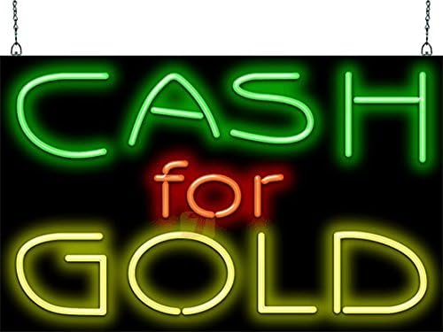 Cash for Gold Neon Sign - Large Size - 32" Wide x 20" high - Real, Quality Hand Bent Neon Sign - Green, Red & Yellow Neon Letters