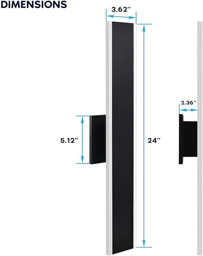 LUXRITE 24 Inch LED Outdoor Wall Sconce, 25W, 2000 Lumens, 5CCT Selectable (2700K–5000K), Dimmable, CRI 90, 120° Beam Angle, 120-277V, ETL Listed, Black – Modern Outdoor Light Fixture (2 Pack)