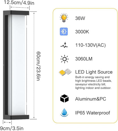 Sytmhoe 10%-100% Dimming Exterior Garage Lights,23.6in Dimmable LED Modern Patio Wall Light Fixture, Rectangle Black Aluminum+Dual PC Wall Sconce for Garage Bathroom Room Courtyard House(3000K)