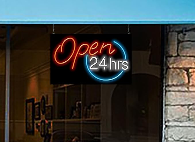 Open 24 Hours Neon Sign - Large Size - 32" wide x 20" high - Real, Quality Hand Bent Neon Sign - Red & White Letters with a Blue Circle Design