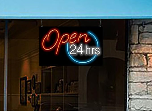 Open 24 Hours Neon Sign - Large Size - 32" wide x 20" high - Real, Quality Hand Bent Neon Sign - Red & White Letters with a Blue Circle Design