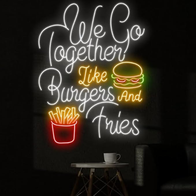 Burger And Fries Neon Sign 25”Fast Food Led Sign, Neon Light For Fast Food Shop, Restaurant Wall Décor