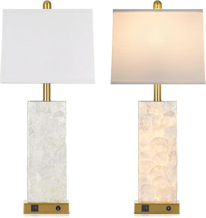 28" Coastal Table Lamps for Living Room Set of 2, Bedside Lamps with Night Light, USB A+C Ports, Modern Sea Shell Bedside Night Stands Light for Beachy Cottage Decor (Gold)