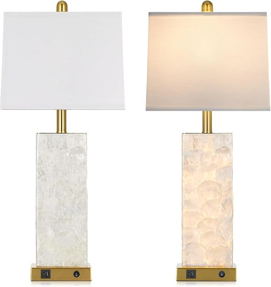 28" Coastal Table Lamps for Living Room Set of 2, Bedside Lamps with Night Light, USB A+C Ports, Modern Sea Shell Bedside Night Stands Light for Beachy Cottage Decor (Gold)