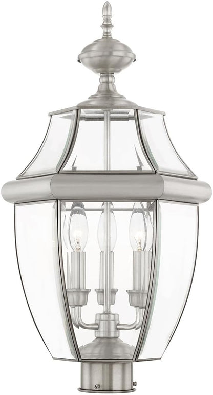 Livex Lighting 2354-91 Monterey 3 Light Outdoor Brushed Nickel Finish Solid Brass Post Head with Clear Beveled Glass