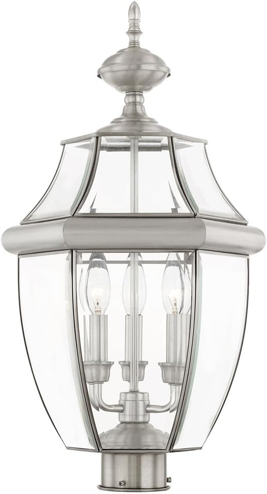 Livex Lighting 2354-91 Monterey 3 Light Outdoor Brushed Nickel Finish Solid Brass Post Head with Clear Beveled Glass