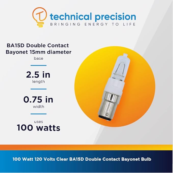 Technical Precision Replacement for Osram Sylvania 18858 Light Bulb 120 Volt 100 Watt Halogen Bulb T4 DC Bayonet Base - Clear BA15D Double Contact Bayonet Bulb - 1 Pack