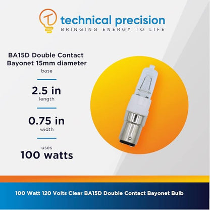 Technical Precision Replacement for Osram Sylvania 18858 Light Bulb 120 Volt 100 Watt Halogen Bulb T4 DC Bayonet Base - Clear BA15D Double Contact Bayonet Bulb - 1 Pack