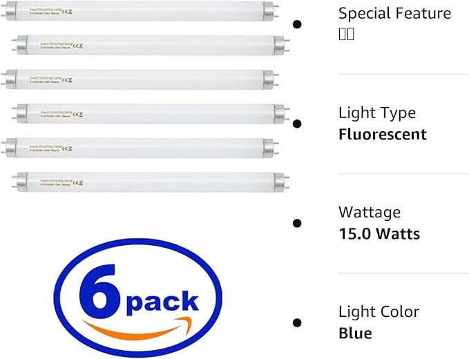 amgolibi 18 Inch 15 Watt Black Light Bulb F15T8/BL Replacement T8 BL Fluorescent Lamps for 30W Machine 350BL 365-nm Blue Light 6 Count