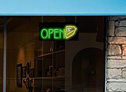 Pie Open Neon Sign - Compact Size - 24" wide x 11" high - Real, Quality Hand Bent Neon Sign - Green Letters with a Yellow & White Slice of Pie Design