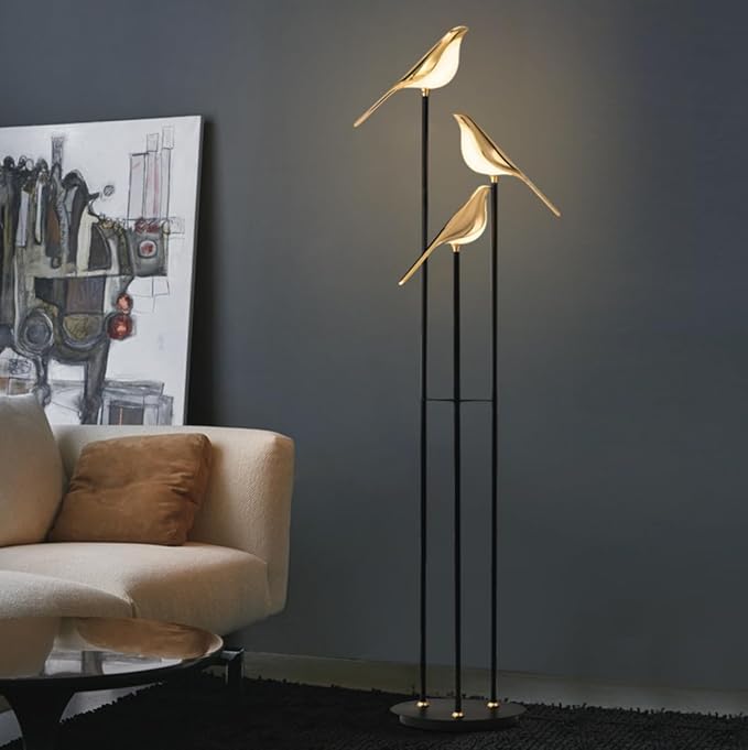 Modern Black and Gold Floor Lamp Unique Lamps Creative Bird Standing Floor Lamp Tall Metal Standing Light 3 Vivid Birds Shade Art Deco Floor Lamps for Living Room Bedroom - Warm Light
