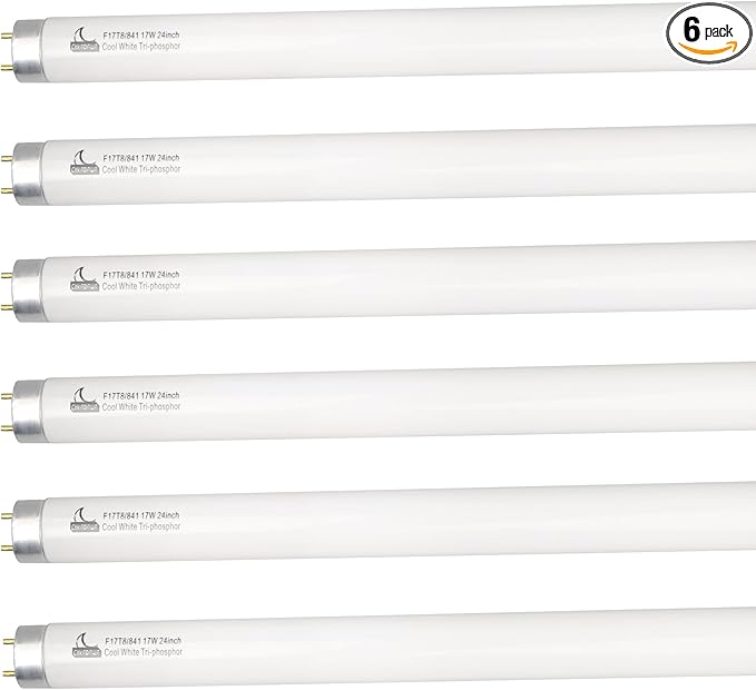 24 Inch Fluorescent Light Bulb F17T8/841 17 Watts, 2 Ft T8 17W Cool White 4100K Straight Linear Fluorescent Tube, G13 Medium Bi-Pin Base, 6 Pack