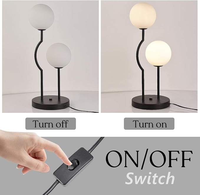 Black Mid Century Globe Table Lamp Industrial Retro 2 Lights Orb Desk Lamp with White Glass Globe Bedside Reading Light for Bedroom Living Room Study Room