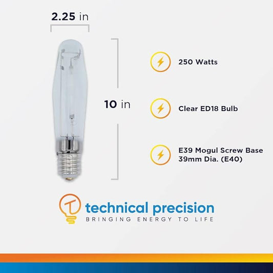 Technical Precision 250W HPS Bulb High Pressure Sodium Light Bulb Replacement for Philips C250S50 Light Bulb ED18 High Intensity Discharge Bulb with E39 Mogul Screw Base - Clear - 120V - 1 Pack