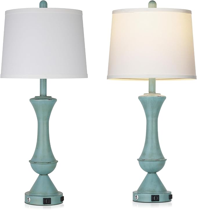 29" Coastal Tall Blue Table Lamps Set of 2 for Living Room, Touch Control Bedroom Lamps for Nightstand, 3-Way Dimmable Bedside Lamp with USB A+C Ports & AC Outlets (2 LED Bulbs Included)
