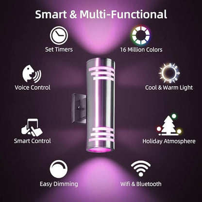 SHIMR Smart Porch Lights RGBCW 2 Pack, Color Changing Outdoor Wall Lights Stainless Steel Outdoor Light Fixture with Remote for House Garage, Compatible with Alexa Google Assistant
