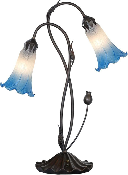 Bieye L10853 Lily Flower Blown Glass Accent Table Lamp for Living Room Bedroom Decoration (2-Light, Blue)