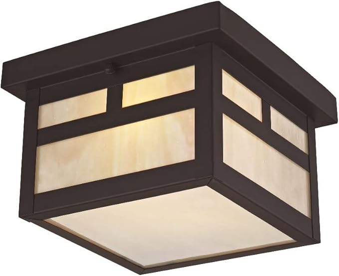 Livex Lighting 2138-07 Montclair Mission 1 Light Outdoor Bronze Finish Solid Brass Ceiling Mount with Iridescent Tiffany Glass, 5.50x8.00x8.00
