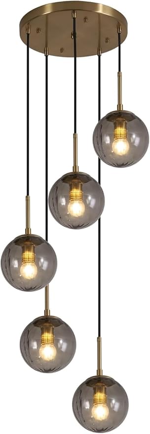 KCO Lighting 5 Light Cluster Pendant Lighting Smoke Glass Globe Chandelier Multi Pendant Light Fixture Gold Cluster Pendant Light Modern Staircase Chandelier