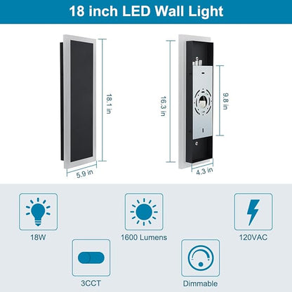 2-Pack 18IN Modern Outdoor Wall Light LED Long Wall Lighting Fixture IP65 Waterproof Wall Lamps, Dimmable 18W 1620LM Black Wall Sconce, 3000K/4000K/5000K Selectable, ETL Listed