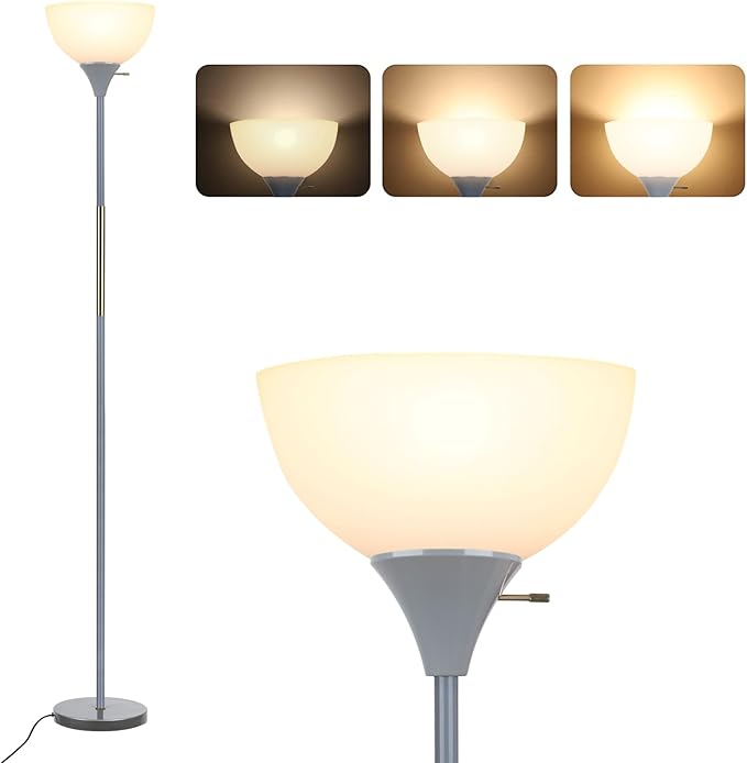 Floor Lamp, LED Standing Lamp 3 Way Dimmable Brightness Floor Lamp Rotary Switch Floor Lamps Modern Industrial Lamp with Shade, Tall Lamps for Living Room Bedroom Office Dining Room (Grey)
