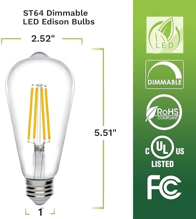 Bioluz Dimmable Warm Edison Light Bulbs - 800 Lumen Warm White 2700K LED Replacement for Incandescent Light Bulbs - 6-Pack Vintage Warm Light Bulbs for Dimmable Light Fixtures