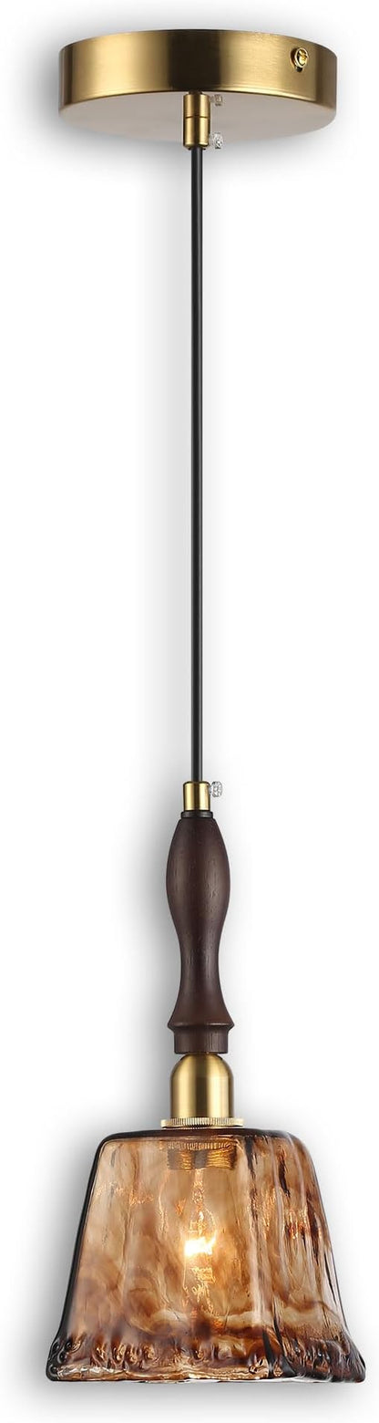Modern Amber Glass Pendant Light, 4.33"x9.8" Hanging Fixture with Golden Wood Handle & Brass Cap, 15"-72" Adjustable Line, E26 Socket – Golden Amber Square