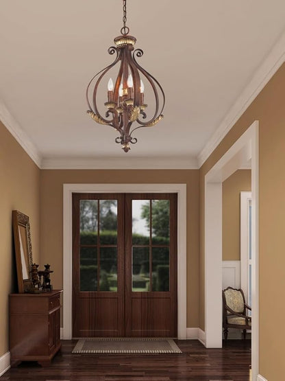 Livex Lighting 8556-63 Villa Verona 4 Light Verona Bronze Finish Foyer Chandelier with Aged Gold Leaf Accents and Rustic Art Glass