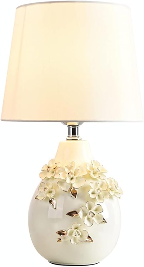 Modern Flower White Table Lamp 17.7" Ceramic Table Lamps Farmhouse Carving with Textured Floral Vase Drum Shade for Living Room Bedroom House Bedside Nightstand Home Office