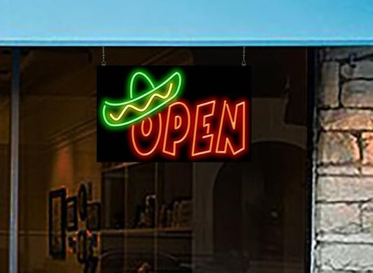 Open with Hat Neon Sign - Large Size - 32" wide x 20" high - Real, Quality Hand Bent Neon Sign - Red Letters with a Yellow & Green Sombrero Graphic
