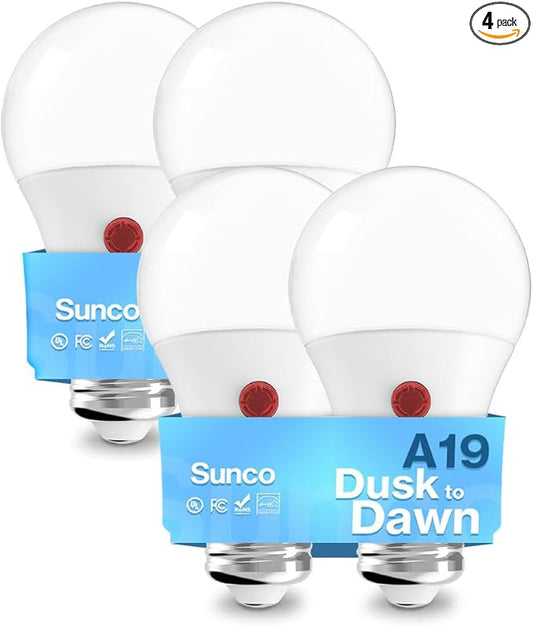 Sunco Dusk to Dawn LED Outdoor Light Bulb A19, Photocell Automatic for Exterior Lighting, 800 LM, 9W (60W Eqv.), 3000K Warm White, Auto On/Off Sensor, IP65 Rated UL 4 Pack