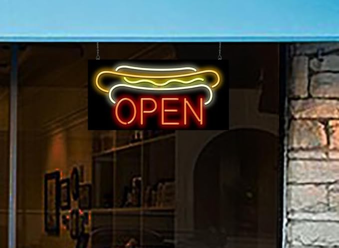 Hot Dogs Open Neon Sign - Large Size - 32" wide x 16" high - Real, Quality Hand Bent Neon Sign - Red Letters with a White, Orange & Yellow Hot Dog Design
