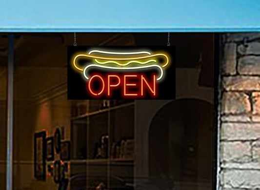 Hot Dogs Open Neon Sign - Large Size - 32" wide x 16" high - Real, Quality Hand Bent Neon Sign - Red Letters with a White, Orange & Yellow Hot Dog Design