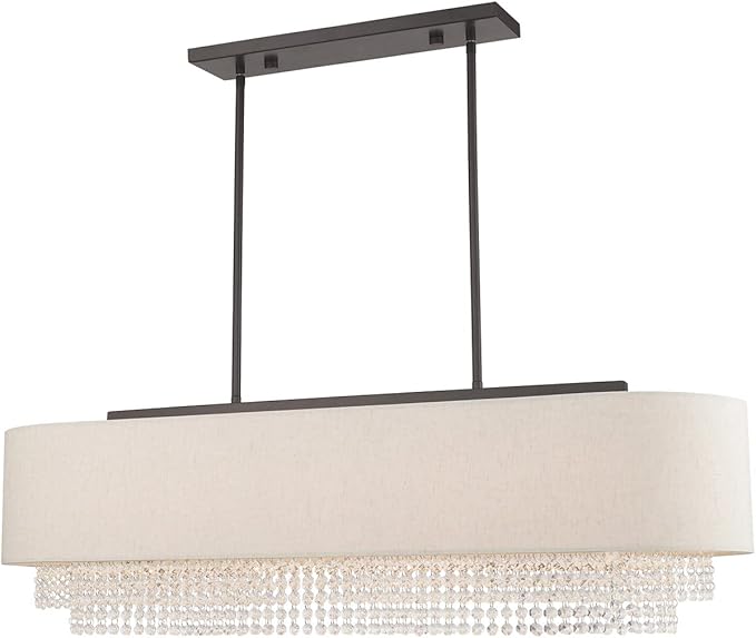 Livex Lighting 51125-92 Carlisle - 41" Five Light Linear Chandelier, English Bronze Finish with Oatmeal Fabric Shade with Clear Crystal