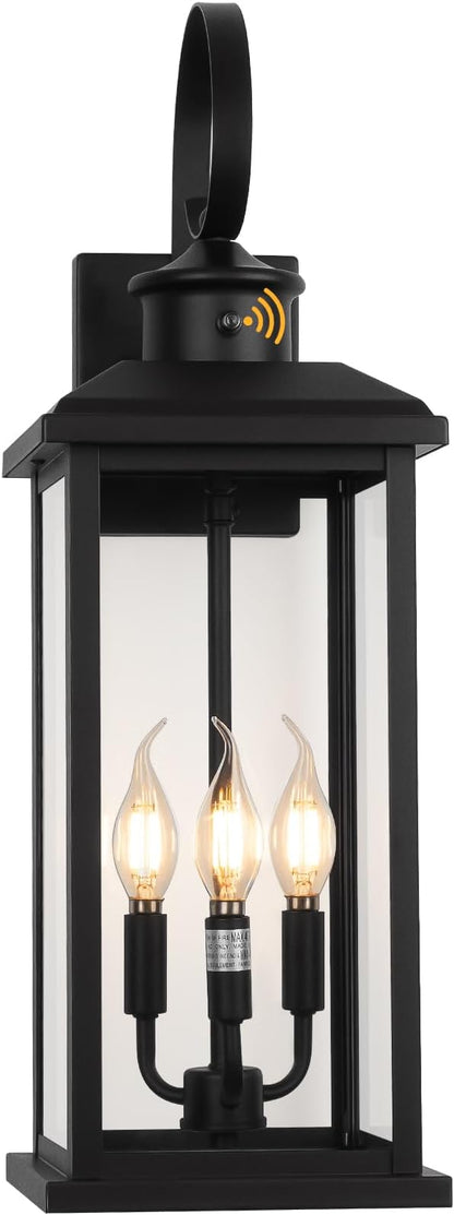 24" Dusk to Dawn Porch Lights Outdoor 3-Light, Black Modern Large Wall Light Fixture Lantern, Waterproof Exterior Lighting Sconce Wall Mount, Outside Lamp for Farmhouse Doorway Patio E12